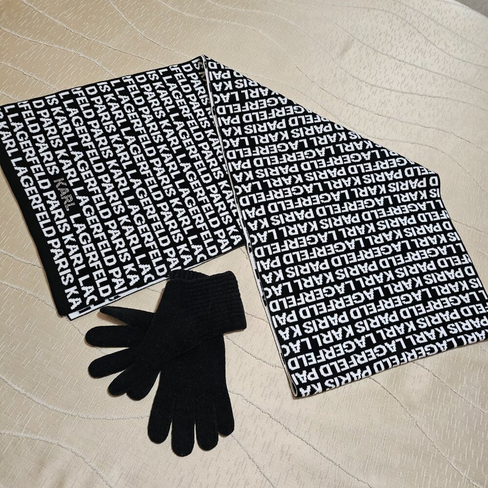 KARL LAGERFELD CHIC ICONIC MONOCHROME BLACK & WHITE  LOGO SCARF - Picture 9 of 15